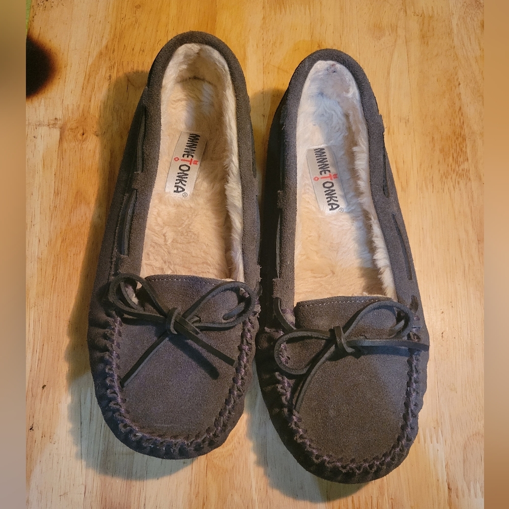 Minnetonka Gray Suede Moccasins